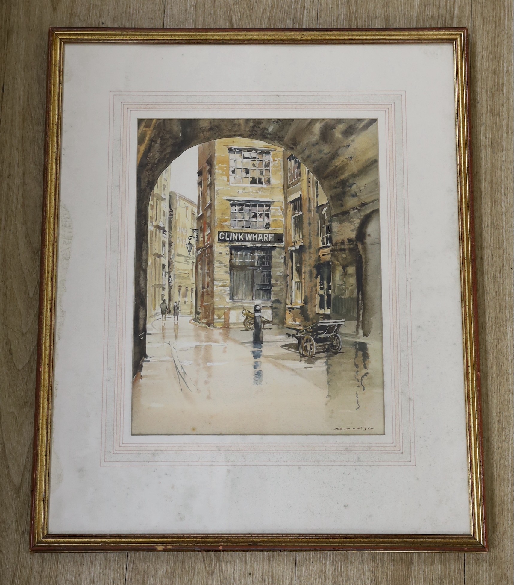 Bert Wright RSMA, watercolour, Clink Wharf, signed, 35 x 27cm